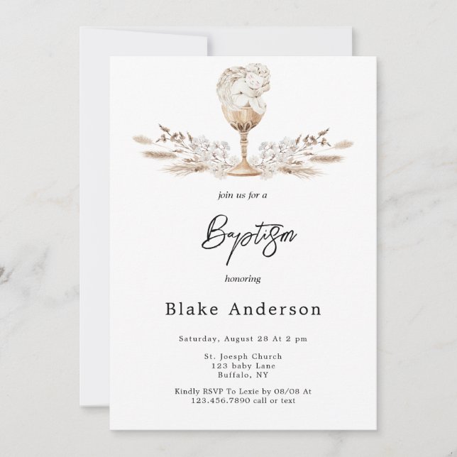 Angel In A Chalice Beige Baby Baptism  Invitation (Front)