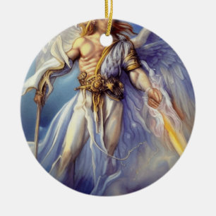 Angel In Blue Carrying A Sword Ceramic Ornament