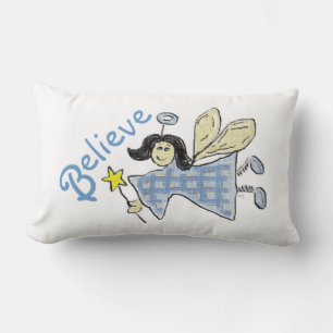 Angel in Blue Check Believe Graphics Lumbar Cushion