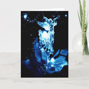 Angel in blue on black Christmas card