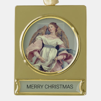 Angel in Pink & White:  Gold Plated Banner Ornament