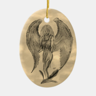 Angel in Tattoo Style Ceramic Ornament