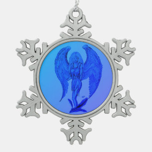 Angel in Tattoo Style Snowflake Pewter Christmas Ornament