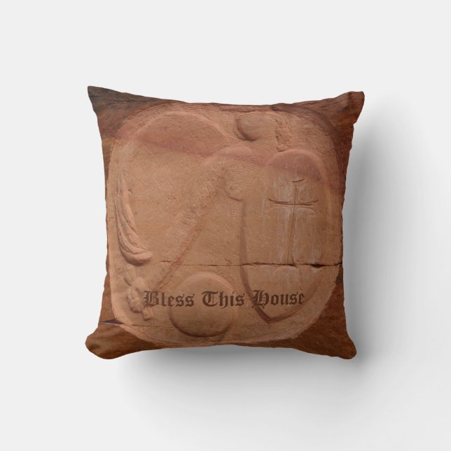 Angel in the Rocks Bless This House Brown Square Cushion (Front)
