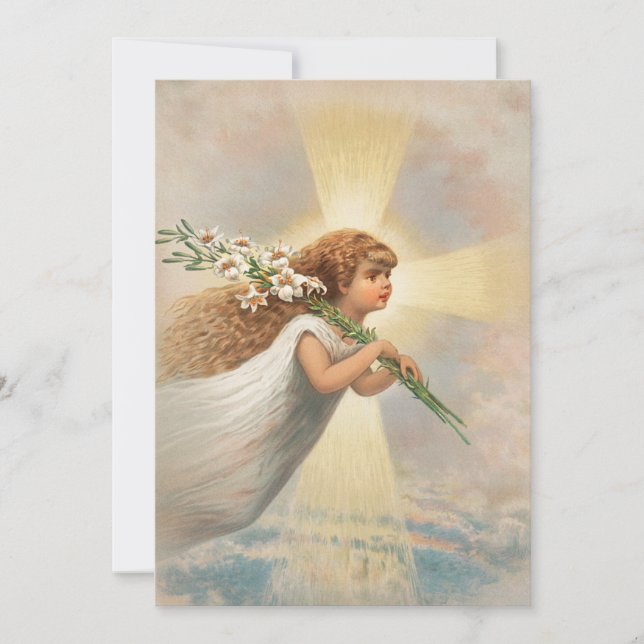 Angel in the sky holding lilies on her shoulder holiday card (Front)