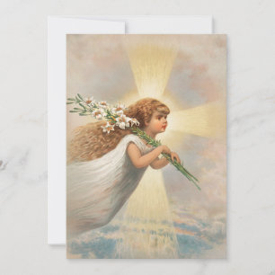 Angel in the sky holding lilies on her shoulder holiday card