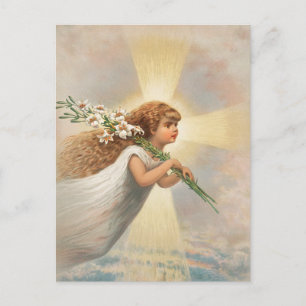 Angel in the sky holding lilies on her shoulder holiday postcard