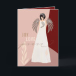 Angel Joy Love Peace Abstract Shapes Christmas Holiday Card<br><div class="desc">A modern Christmas card with a simple hand drawn Angel on a backdrop of abstract shapes in shades of pink and burgundy, with the words Joy and Love in a plain sans serif style, and Peace in an elegant gold script typography. Simple leafy motifs complete the design. Easily personalise your...</div>