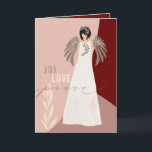 Angel Joy Love Peace Abstract Shapes Christmas Holiday Card<br><div class="desc">A modern Christmas card with a simple hand drawn Angel on a backdrop of abstract shapes in shades of pink and burgundy, with the words Joy and Love in a plain sans serif style, and Peace in an elegant gold script typography. Simple leafy motifs complete the design. Easily personalise your...</div>