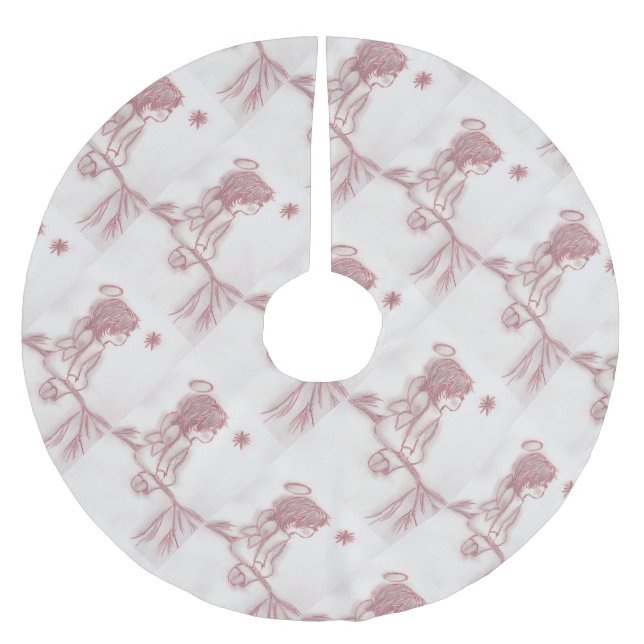 Angel Looking At Star in Red and White Brushed Polyester Tree Skirt (Front)