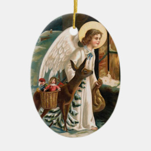 Angel Looking into Window with Deer Christmas Ceramic Ornament