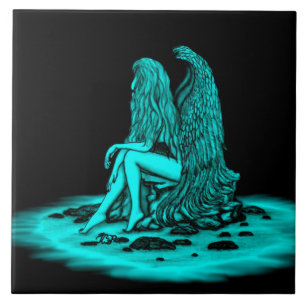 Angel , lost in thought , black and green Design Ceramic Tile