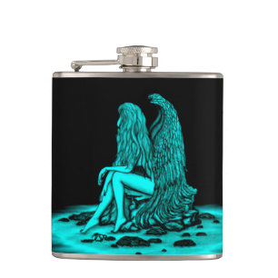 Angel , lost in thought , black and green Design Hip Flask