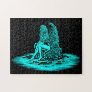Angel , lost in thought , black and green Design Jigsaw Puzzle