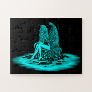 Angel , lost in thought , black and green Design Jigsaw Puzzle