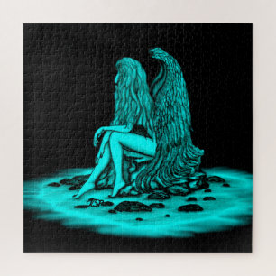 Angel , lost in thought , black and green Design Jigsaw Puzzle