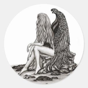Angel , lost in thought , black and white Design Classic Round Sticker