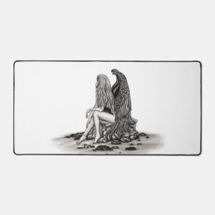 Angel , lost in thought , black and white Design Desk Mat
