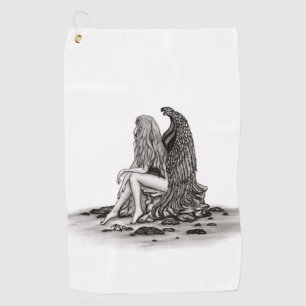 Angel , lost in thought , black and white Design Golf Towel