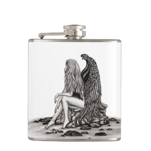 Angel , lost in thought , black and white Design Hip Flask
