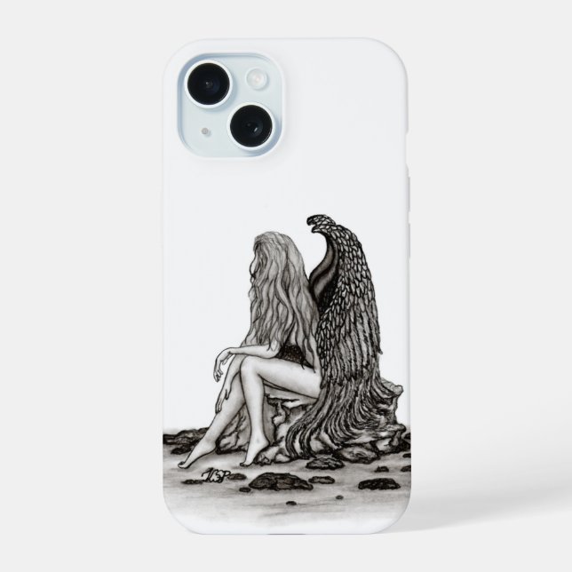 Angel , lost in thought , black and white Design iPhone 15 Case (Back)