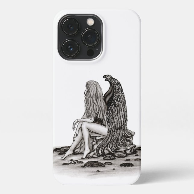 Angel , lost in thought , black and white Design iPhone Case (Back)