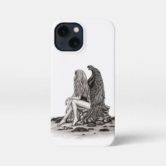 Angel , lost in thought , black and white Design iPhone Case (Back)