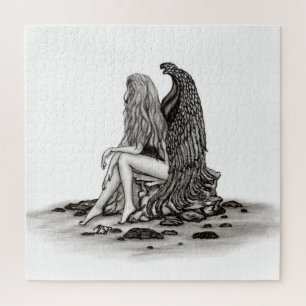 Angel , lost in thought , black and white Design Jigsaw Puzzle