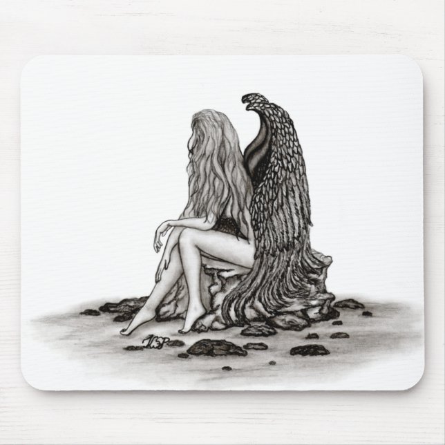 Angel , lost in thought , black and white Design Mouse Pad (Front)