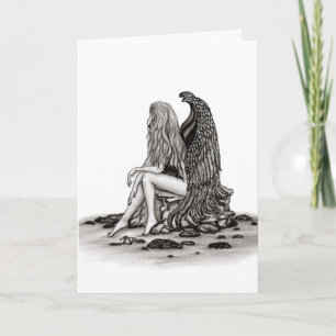 Angel , lost in thought , black and white Design Note Card