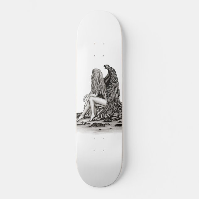 Angel , lost in thought , black and white Design Skateboard (Front)