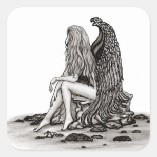 Angel , lost in thought , black and white Design Square Sticker