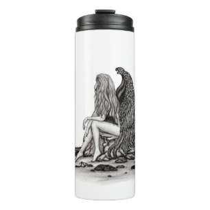 Angel , lost in thought , black and white Design Thermal Tumbler