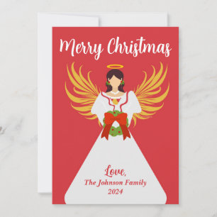 Angel Merry Christmas Red Green Wreath Wings Name Holiday Card