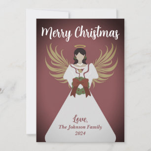 Angel Merry Christmas Wreath Wings Burgundy Name Holiday Card