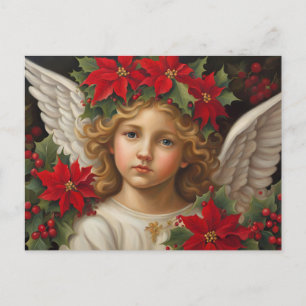 Angel of Christmas with Red Poinsettia Wreath  Holiday Postcard