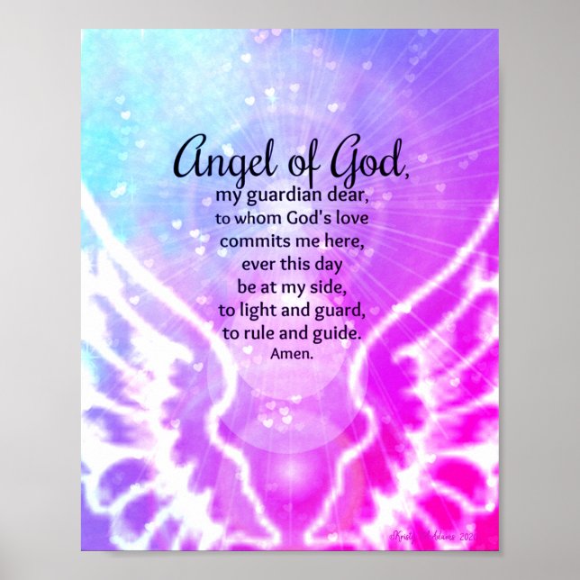 Angel of God Pink Purple Watercolor Wings Prayer Poster (Front)