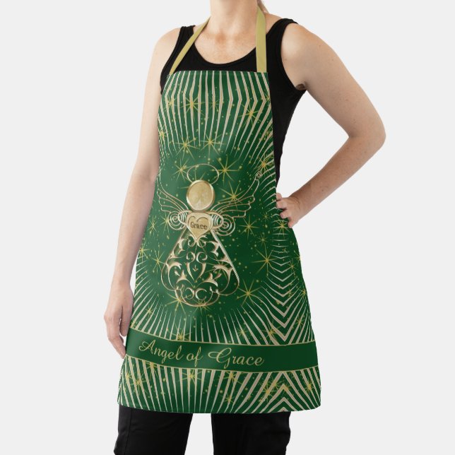 Angel of Grace Filigree Green/Gold Christmas Apron (Insitu)