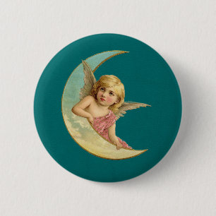 Angel on a crescent moon vintage image 6 cm round badge