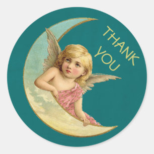 Angel on a Crescent Moon Vintage Thank You Classic Round Sticker