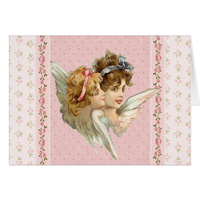 Angel on pink flowered background. (Front Horizontal)