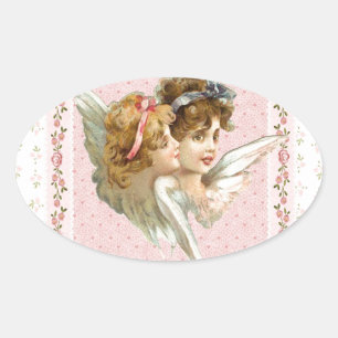 Angel on pink flowered background. oval sticker