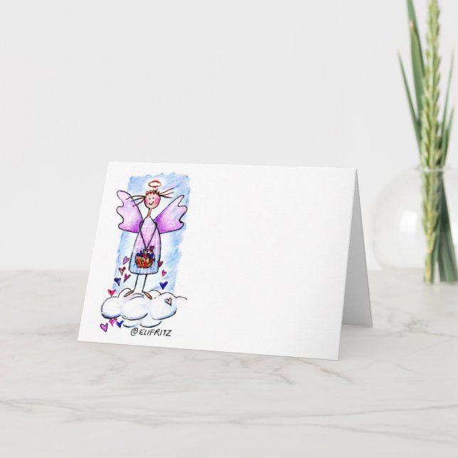 Angel on White Cloud with Basket of Hearts Drawing Card (Front)