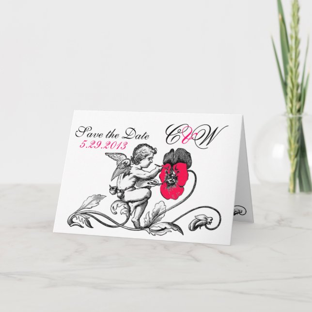ANGEL PAINTING A FLOWER SAVE THE DATE MONOGRAM ANNOUNCEMENT (Front)