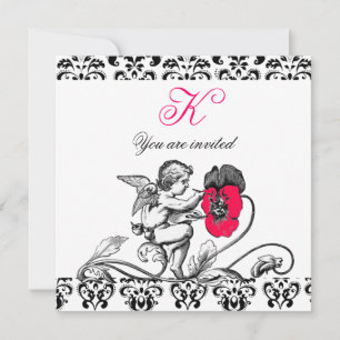 ANGEL PAINTING A PINK FLOWER DAMASK MONOGRAM INVITATION
