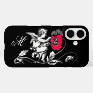 ANGEL PAINTING A PINK FLOWER,MONOGRAM ,Black iPhone 16 Case