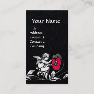 ANGEL PAINTING A PINK FLOWER,MONOGRAM Black Paper Business Card
