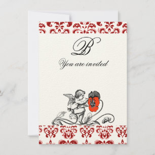 ANGEL PAINTING A RED FLOWER DAMASK MONOGRAM felt Invitation