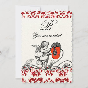 ANGEL PAINTING A RED FLOWER DAMASK MONOGRAM felt Invitation