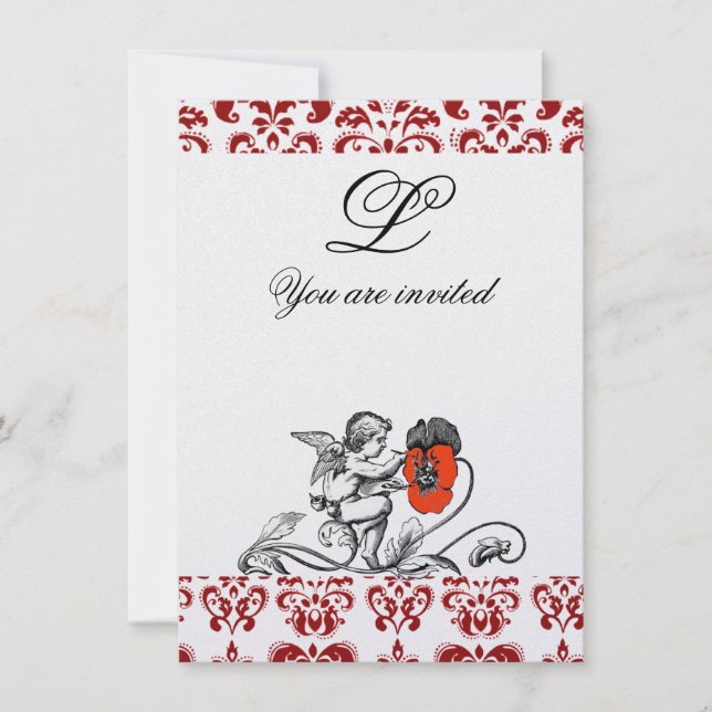 ANGEL PAINTING A RED FLOWER DAMASK MONOGRAM ice Invitation (Front)